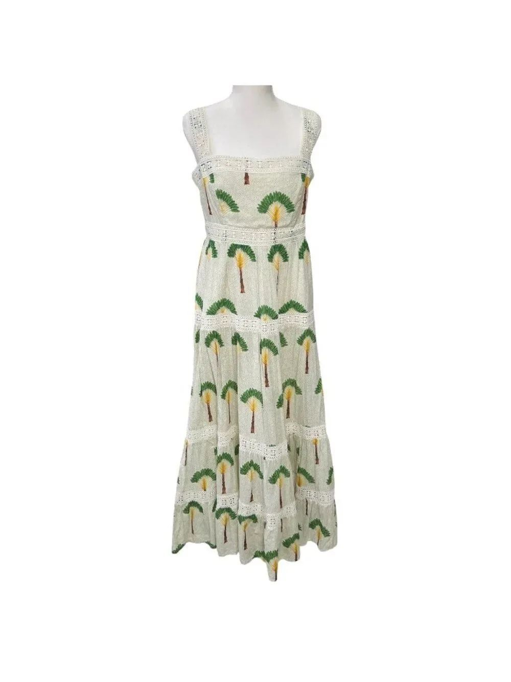 Calypso St. Barth Palm Tree Print Tiered Maxi Dress With Lace Trim Size M